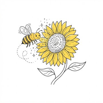 Bee Flying to Yellow Sunflower Cartoon Line Art Drawing for Kids