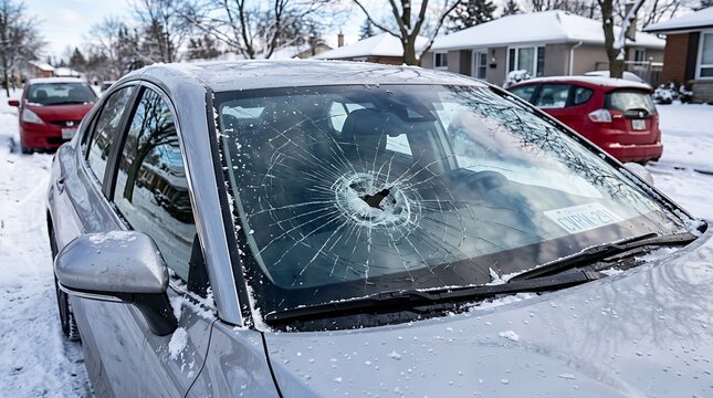 A silver car parked on a snowy residential street with a large, circular impact crack and spiderweb fractures across its front windshield