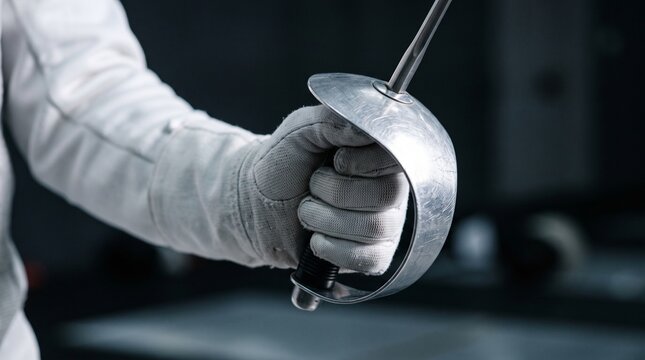 Close-up action shot of a fencer's gloved hand tightly gripping a fencing foil sword during training.