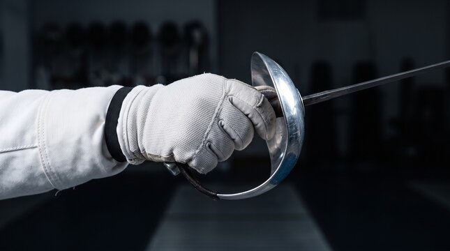 Close-up action shot of a fencer's gloved hand tightly gripping a fencing foil sword during training.