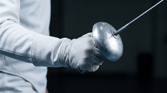 Close-up action shot of a fencer's gloved hand tightly gripping a fencing foil sword during training.