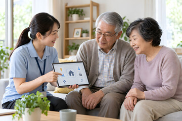 Obraz premium Home care worker explaining smart home controls to senior couple