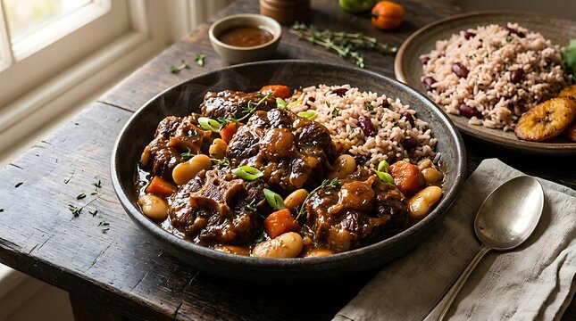 Delicious caribbean style oxtail stew with beans and rice served in a bowl on a rustic wooden table. Jamaican Cuisine