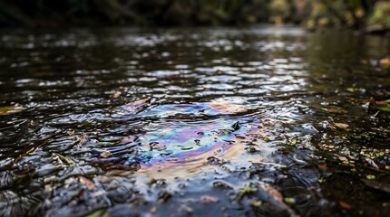 Obraz premium water pollution oil spill river contamination environmental disaster closeup