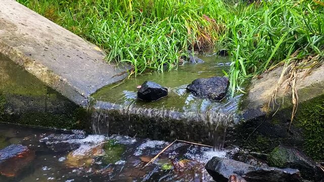 Slow-motion footage of a small stream of flowing water rolling over a stone barrier, with small rocks in the water and green grass surrounding the peaceful summer scene. Vantaa, Finland