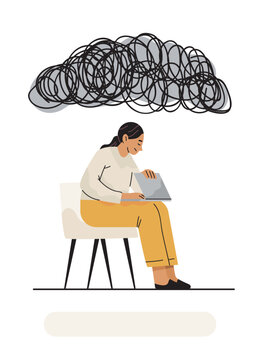 Burnout woman mental health stress concept tired female sitting with laptop under scribble cloud emotional exhaustion workplace anxiety