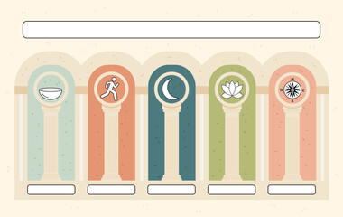 Obraz premium Five pillars of wellness poster holistic wellness concept showing classical columns with icons for nutrition exercise sleep mindfulness purpose pastel colors