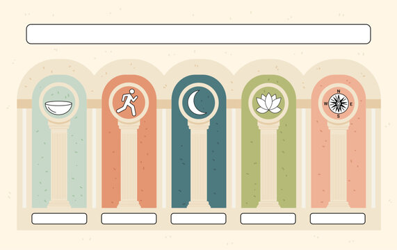 Five pillars of wellness poster holistic wellness concept showing classical columns with icons for nutrition exercise sleep mindfulness purpose pastel colors
