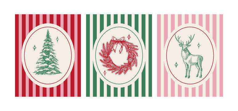 Christmas invitation cards with hand drawn holiday Christmas tree, reindeer and wreath. Frame collage design. Festive mood, elegant vintage style. Vector sketch illustration.