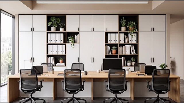 Empty modern office interior with wooden desks, ergonomic chairs and computers. Minimalist workspace with storage cabinets, shelves and green plants.