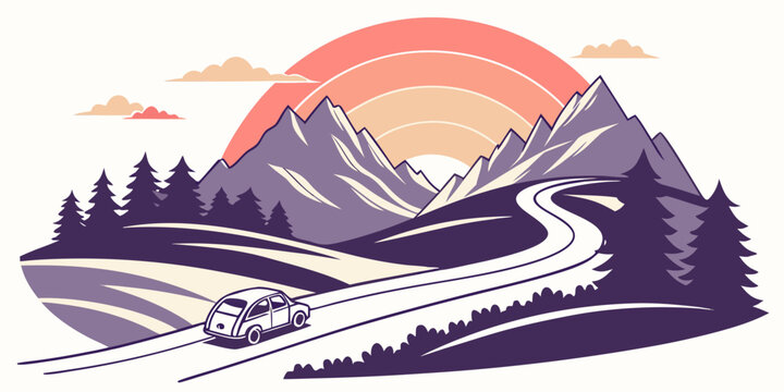 Vintage car driving on a scenic road through mountains with pine trees at sunset mountains landscape adventure mountain vacation illustration transportation exploration peaceful stylized