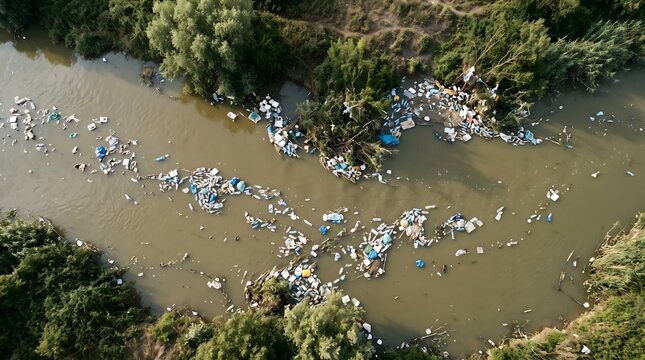 Drone shot of plastic pollution destroying river ecosystem and water quality