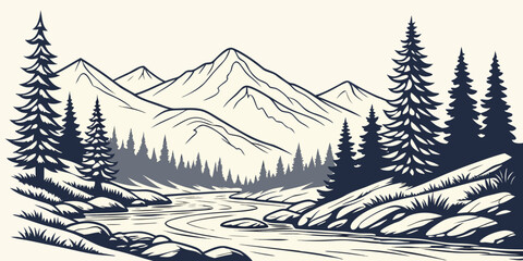 Classic mountain forest scene with winding river graphic illustration mountain landscape wilderness illustration adventure background environment traveling evergreen peaceful destination © Atiqur