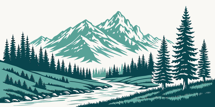 Teal and green mountain landscape graphic with pine trees and winding stream mountains landscape outdoors illustration wilderness evergreen adventure background tranquil peaceful woodland