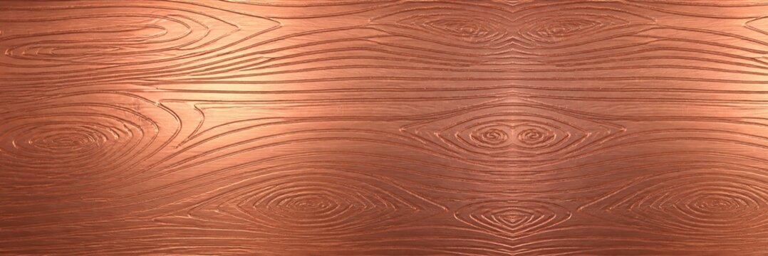 Polished copper metal sheet with a brushed horizontal texture and reflective surface