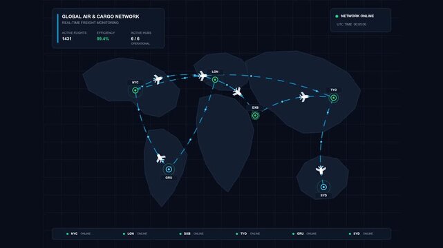Dynamic global air freight tracking dashboard showing kinetic logistics fulfillment network map