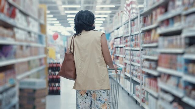 Slow Motion of Mature Woman Shopping for Groceries in a Supermarket Aisle