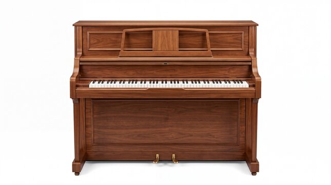 Polished wooden upright piano with detailed grain patterns captured in studio lighting on white background