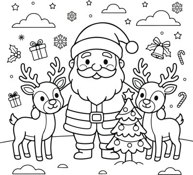 Santa claus with two reindeer and christmas tree, coloring page for children