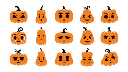 Obraz premium Halloween pumpkin face clipart set with bold geometric carved expressions for spooky season, party decorations, crafts, stickers and apparel