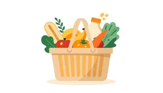 Grocery shopping basket vector illustration filled with fresh organic vegetables fruit bread and milk on white.
