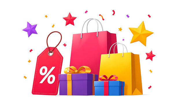 Colorful shopping bags and gift boxes with red discount price tag for festive retail promotion vector illustration.