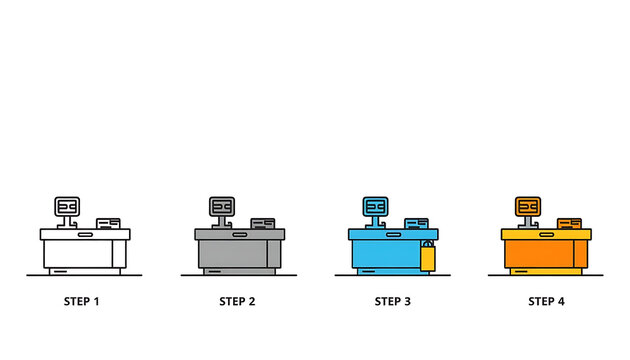 Retail checkout counter vector illustration featuring progressive color steps for point of sale system interface design.