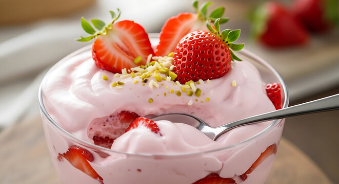 Strawberry mousse dessert in a glass bowl with nuts