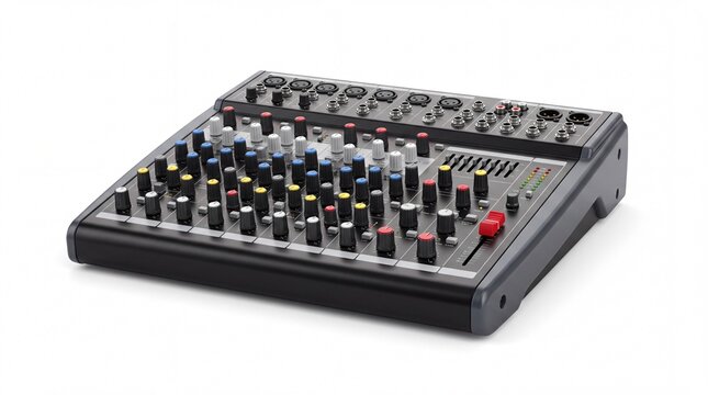Professional audio mixing console with colorful control knobs for recording studio sound equipment on white background