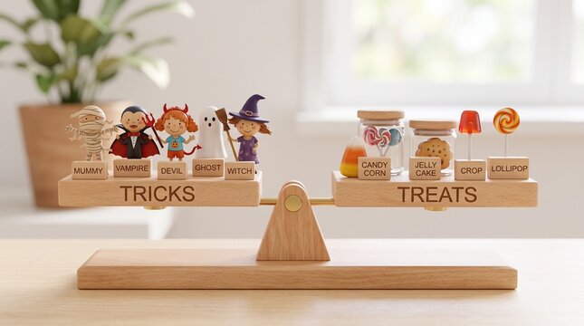 Halloween trick or treat wooden scale, miniature spooky characters and candy sweets on balance beam, festive holiday tabletop decoration