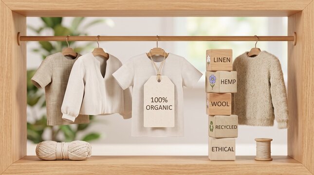 Sustainable organic clothing collection on wooden rack, ethical fashion apparel with 100% organic tag, eco-friendly linen and wool garments