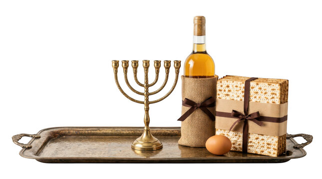 Passover seder items including a menorah, wine bottle, and matzah on a vintage tray isolated on transparent background