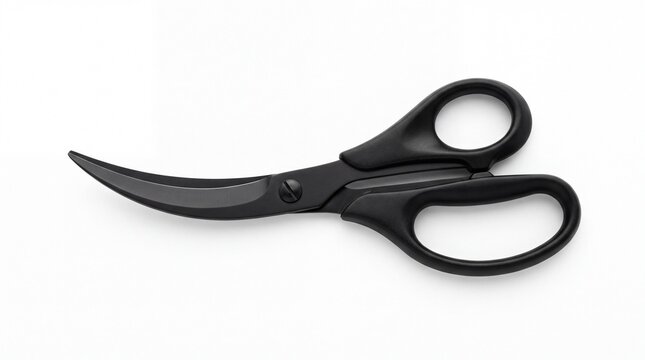 Professional kitchen shears with matte black finish and curved sharp metal blades on white background