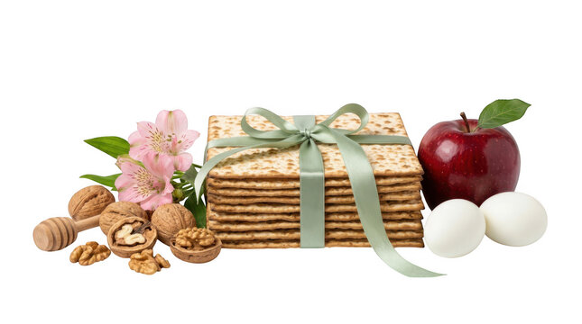 Passover seder table elements with matzah, walnuts, honey dipper, apple, eggs, and flowers isolated on transparent background