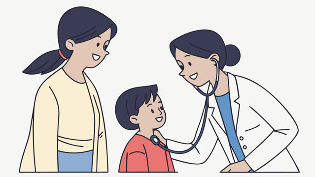 Pediatrician examining little boy with stethoscope while mother watches, family healthcare checkup vector illustration
