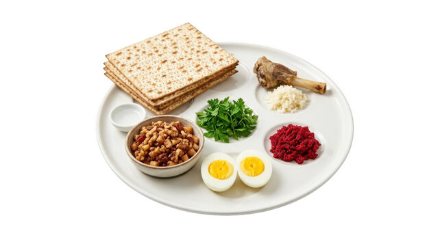 Passover seder plate with matzah, maror, charoset, egg, and lamb shank isolated on transparent background