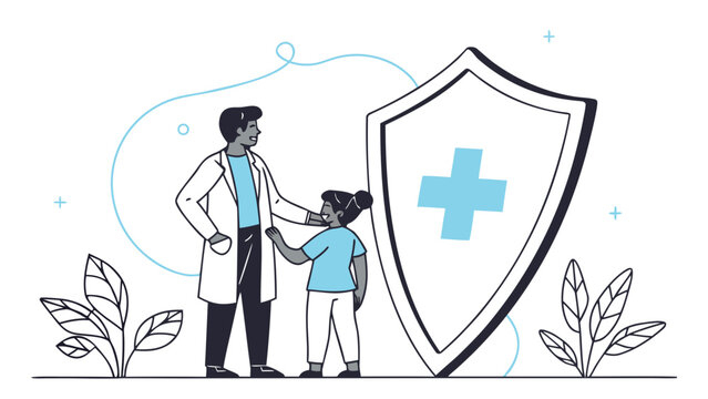 Family healthcare protection concept with doctor, child patient, and medical cross shield, vector illustration