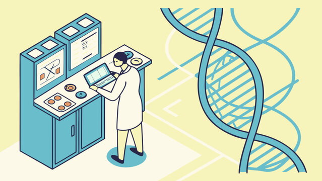 Biotechnology research concept with scientist working at computer near large DNA double helix strand, vector illustration
