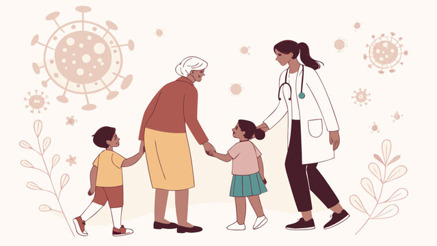 Family doctor caring for grandmother and children with coronavirus virus cells in background, healthcare concept vector illustration
