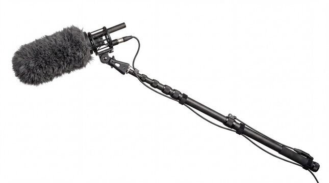 Professional shotgun microphone with fuzzy windscreen mounted on extended carbon fiber boom pole on white background