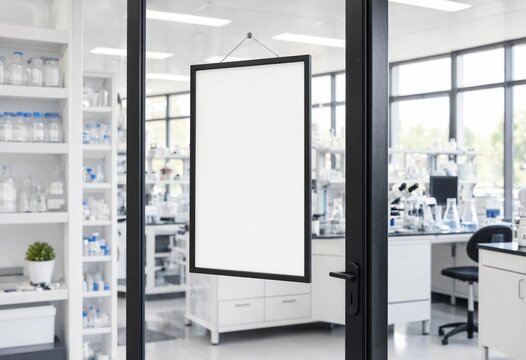 Blank white poster frame in a modern science laboratory with glassware and equipment, offering clean copy space for presentations, advertising, branding, or information.