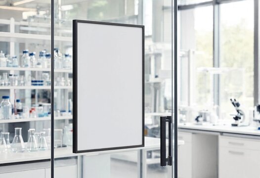 Blank white poster frame in a modern science laboratory with glassware and equipment, offering clean copy space for presentations, advertising, branding, or information.