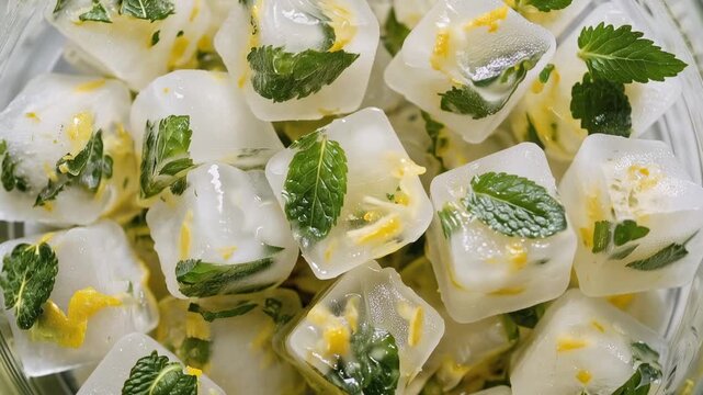 Ice cubes with mint leaves and citrus zest in glass bowl. Fresh frozen summer drink preparation.
