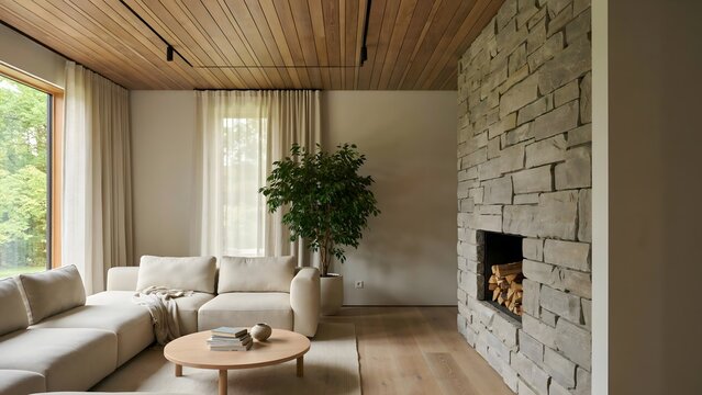 Modern living room interior with stone fireplace wall. Features cream sofa. wood ceiling and natural light. Scandinavian design for home decor
