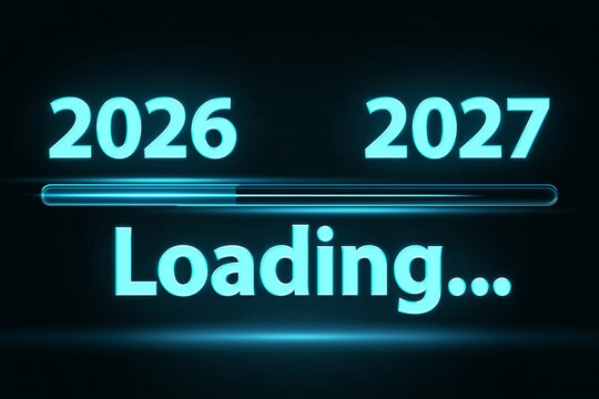 Digital loading screen showing transition from 2026 to 2027 with glowing progress bar, symbolizing new year change, future update and technological progress