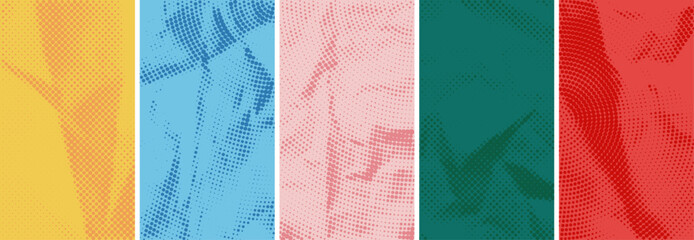 Fototapeta na wymiar Colorful halftone grunge poster background set in yellow, blue, pink, teal and red. Abstract punk street art texture with dotted print pattern for poster, banner, flyer and graphic design