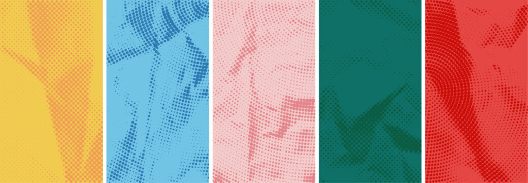 Colorful halftone grunge poster background set in yellow, blue, pink, teal and red. Abstract punk street art texture with dotted print pattern for poster, banner, flyer and graphic design