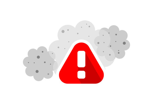 Gray particle dust pm2.5 air pollution with red triangle exclamation mark warning sign icon flat vector design