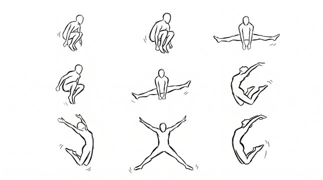 Set of hand drawn sketches showing people performing various jumping and dancing poses.