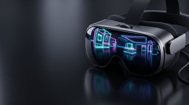 Close up sleek modern VR headset resting on dark glossy desk glass lenses reflecting bright neon empty space mockup